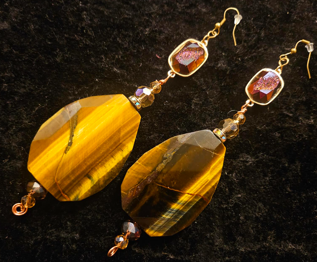 Tiger's Eye Crystal & Titanium Druzy Shoulder Duster Pierced Earrin