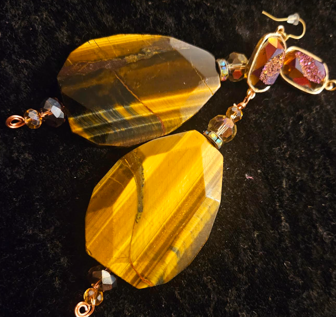 Tiger's Eye Crystal & Titanium Druzy Shoulder Duster Pierced Earrin