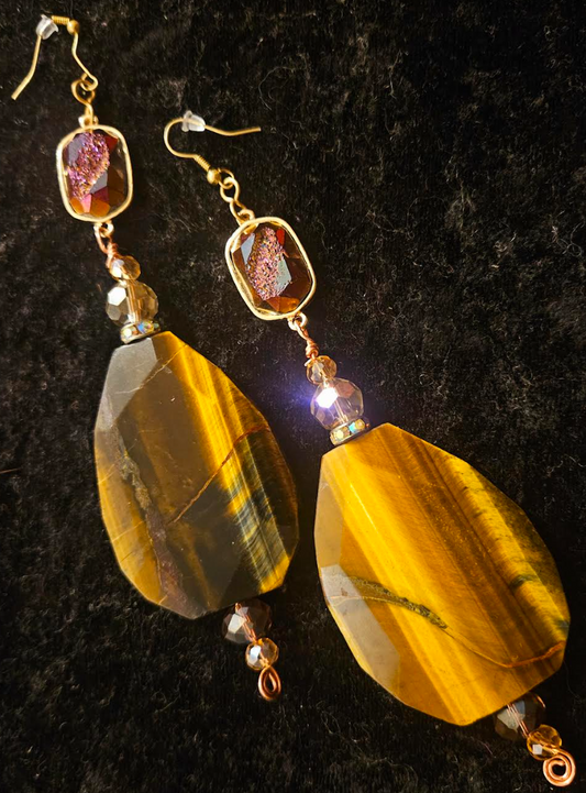 Tiger's Eye Crystal & Titanium Druzy Shoulder Duster Pierced Earrin
