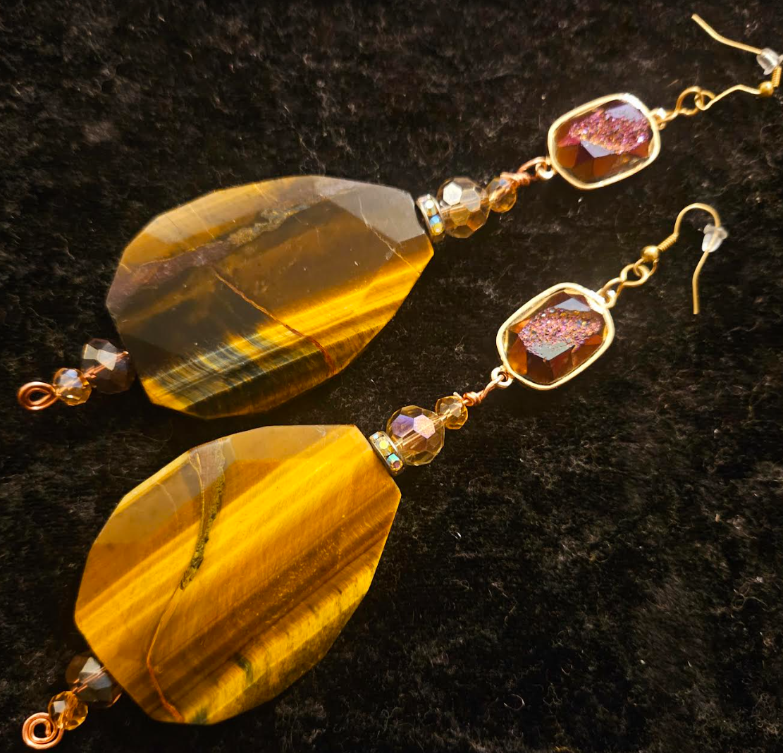 Tiger's Eye Crystal & Titanium Druzy Shoulder Duster Pierced Earrin