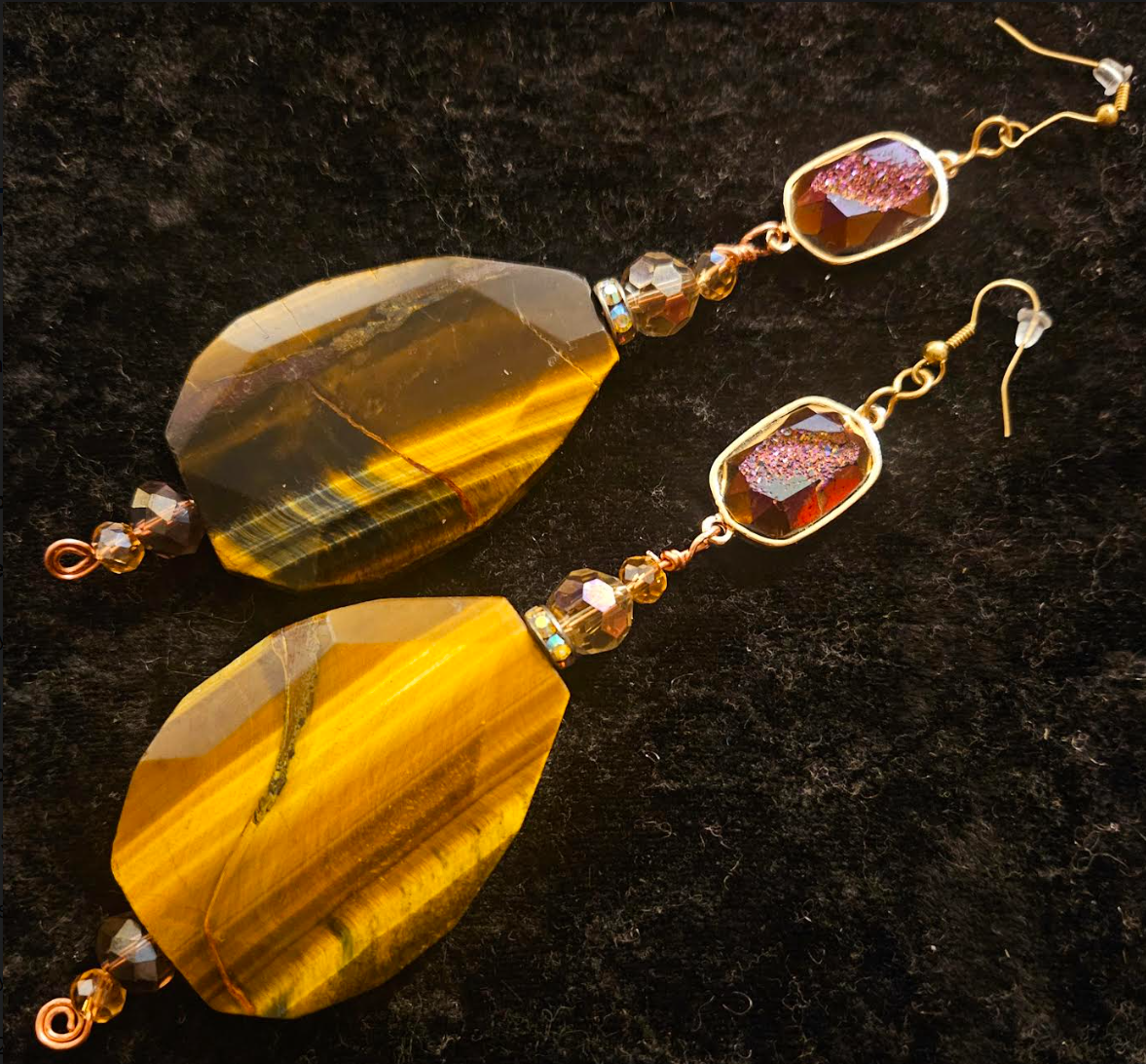 Tiger's Eye Crystal & Titanium Druzy Shoulder Duster Pierced Earrin