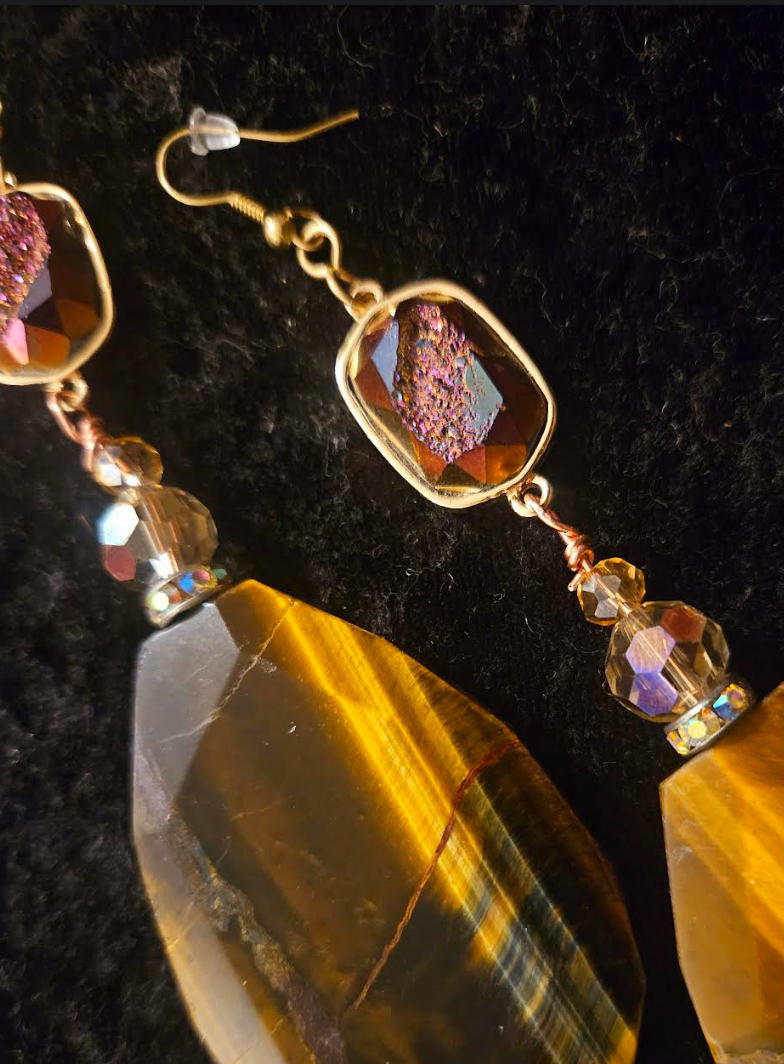 Tiger's Eye Crystal & Titanium Druzy Shoulder Duster Pierced Earrin