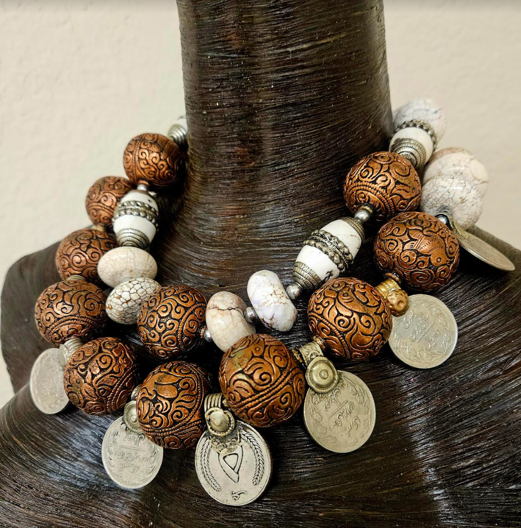 Copper Beaded Tribal Luxury Statement Necklace & Kuchi Coins