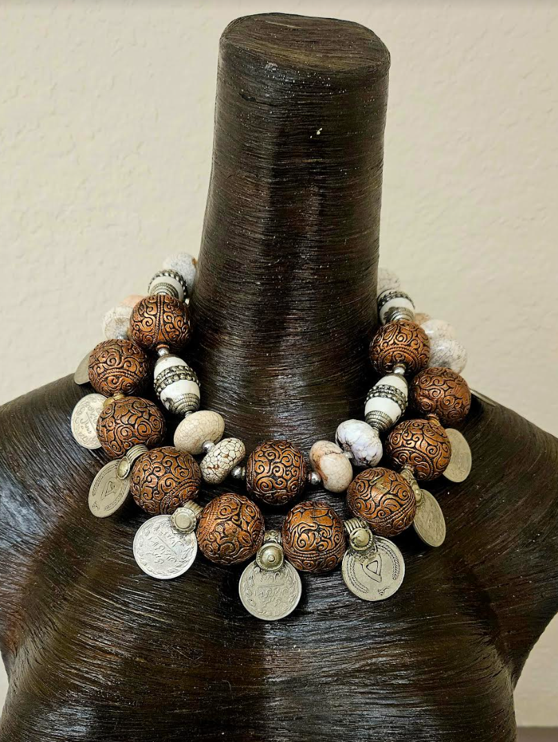 Copper Beaded Tribal Luxury Statement Necklace & Kuchi Coins