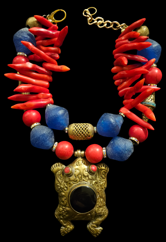 Red Coral & Blue Glass Exotic Necklace with Repousse Frog Pendant