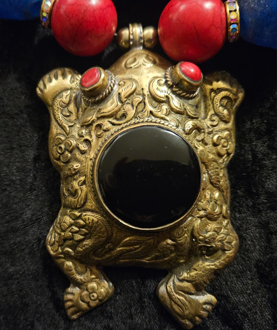 Red Coral & Blue Glass Exotic Necklace with Repousse Frog Pendant