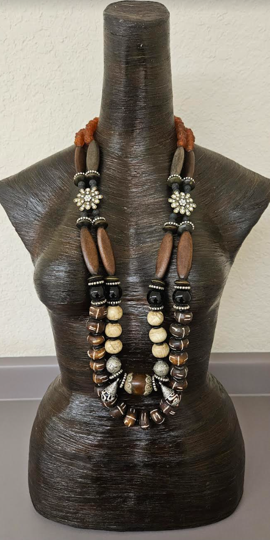 Earth Tone Brown Black & Beige Beaded Chest Piece - Androgynous Style