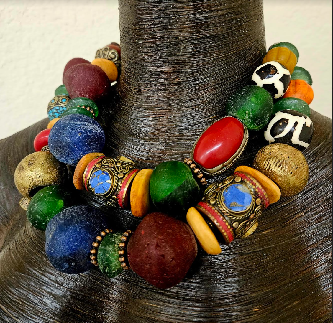 African Tibetan Heavy Colorful Beaded Multi Strand Tribal Necklace