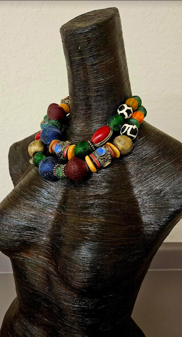 African Tibetan Heavy Colorful Beaded Multi Strand Tribal Necklace