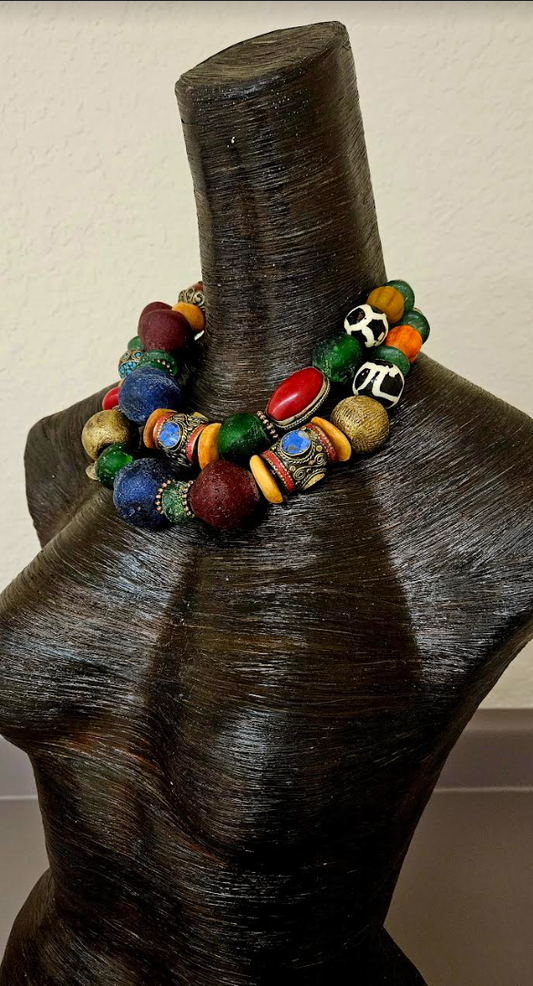 Beaded Necklace - African Tibetan Multi Strand Statement