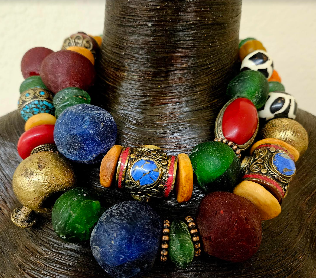 African Tibetan Heavy Colorful Beaded Multi Strand Tribal Necklace