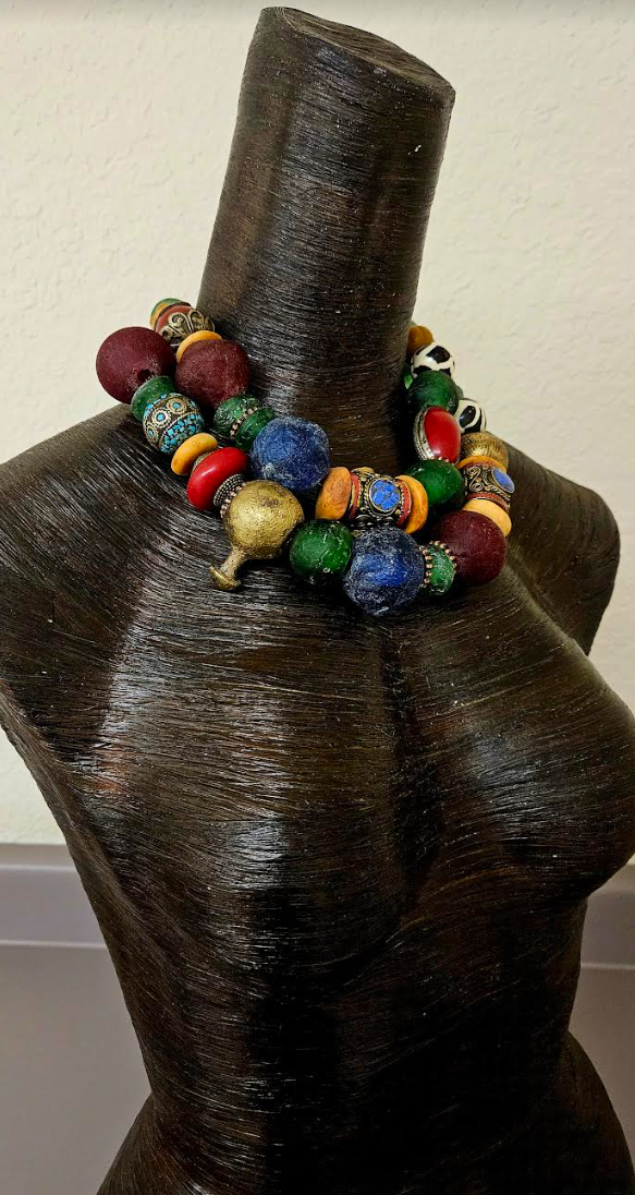 African Tibetan Heavy Colorful Beaded Multi Strand Tribal Necklace