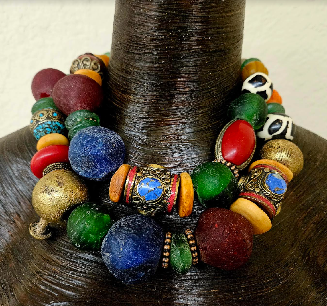 African Tibetan Heavy Colorful Beaded Multi Strand Tribal Necklace