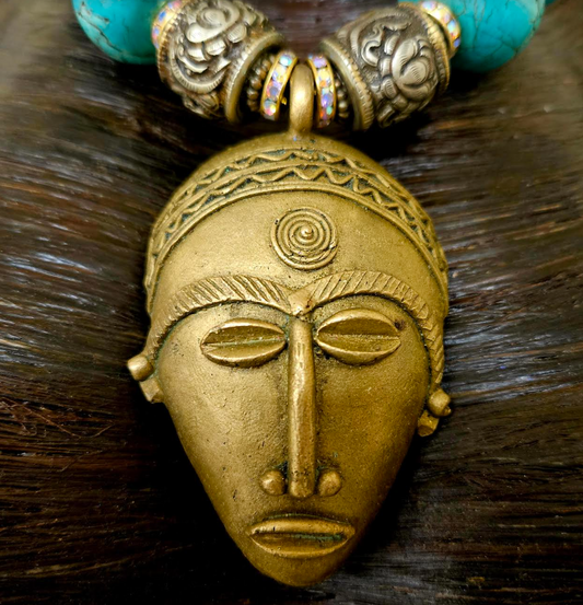 African Lost Wax Brass & Light Blue Magnesite Rondelle Tribal Necklace