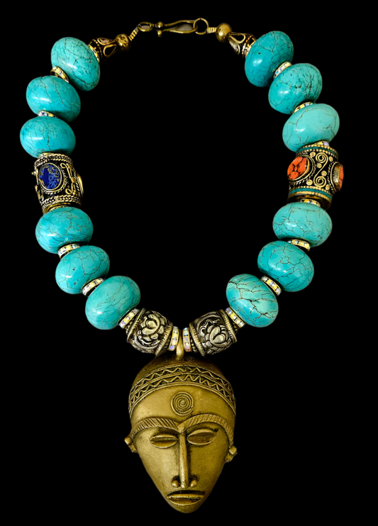 African Lost Wax Brass & Light Blue Magnesite Rondelle Tribal Necklace