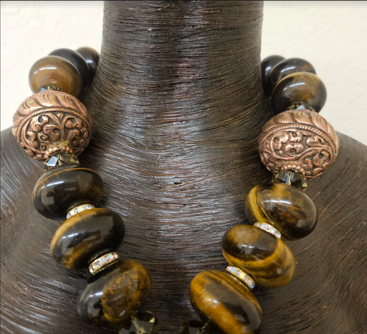Tigers Eye, Copper, Crystal & Brass Ethnic Earthy Luxe Necklace - Unisex
