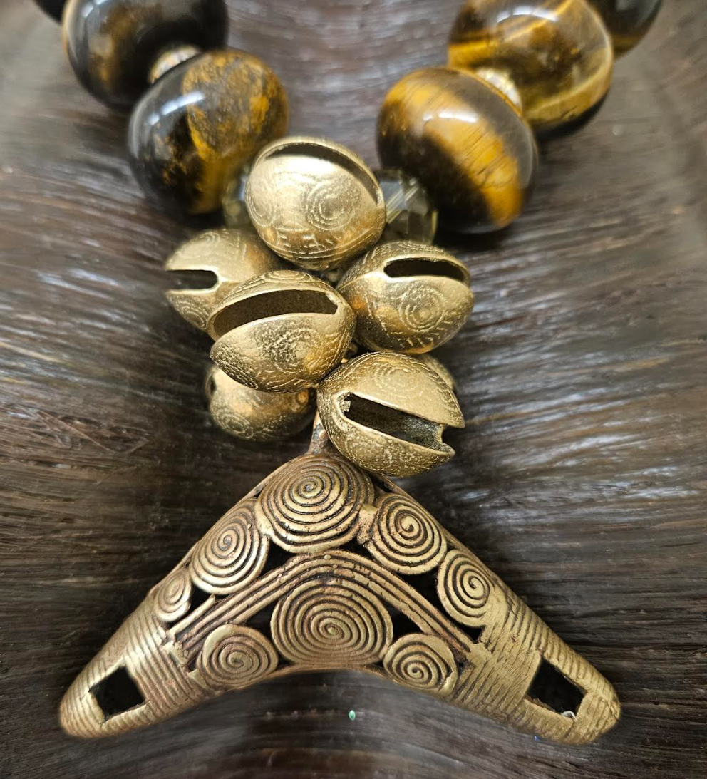 Tigers Eye, Copper, Crystal & Brass Ethnic Earthy Luxe Necklace - Unisex