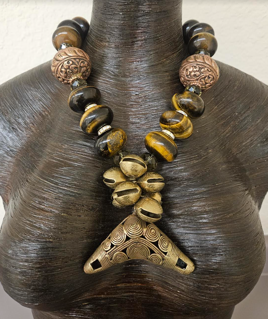 Tigers Eye, Copper, Crystal & Brass Ethnic Earthy Luxe Necklace - Unisex