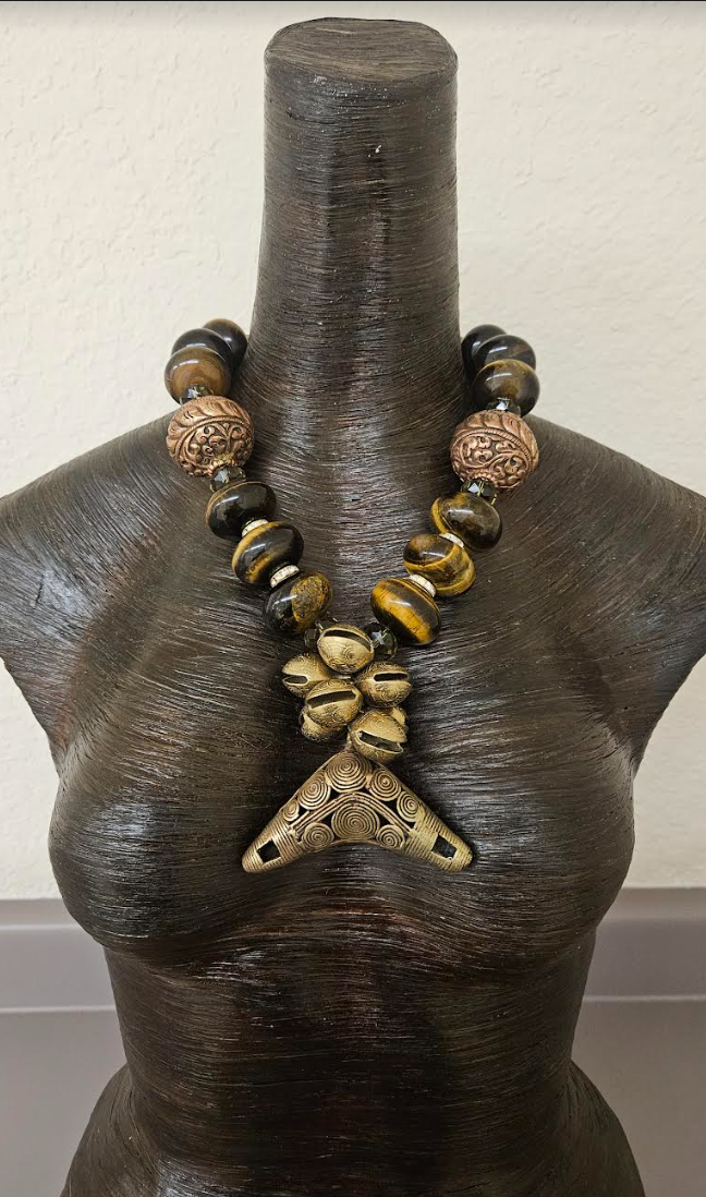 Tigers Eye, Copper, Crystal & Brass Ethnic Earthy Luxe Necklace - Unisex