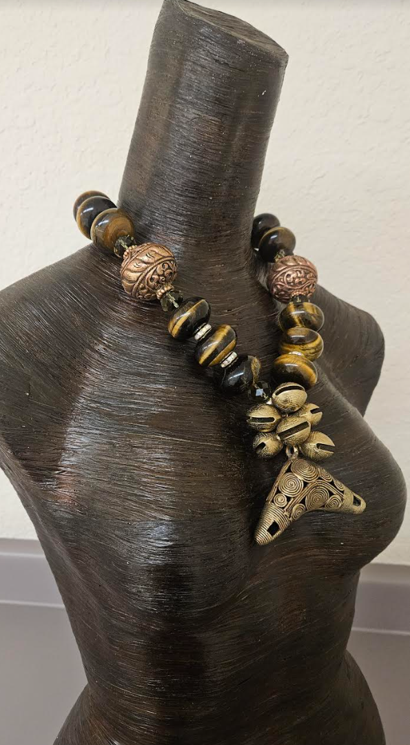 Tigers Eye, Copper, Crystal & Brass Ethnic Earthy Luxe Necklace - Unisex