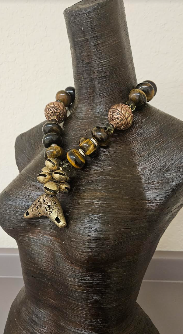 Tigers Eye, Copper, Crystal & Brass Ethnic Earthy Luxe Necklace - Unisex