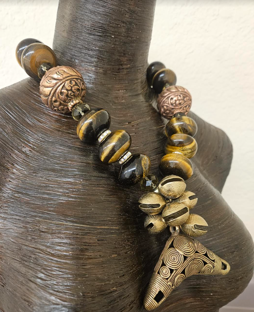 Tigers Eye, Copper, Crystal & Brass Ethnic Earthy Luxe Necklace - Unisex