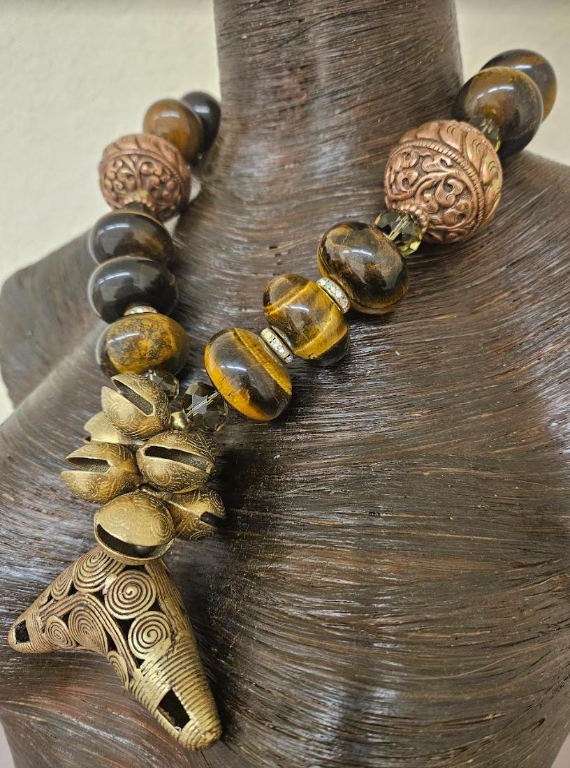 Tigers Eye, Copper, Crystal & Brass Ethnic Earthy Luxe Necklace - Unisex