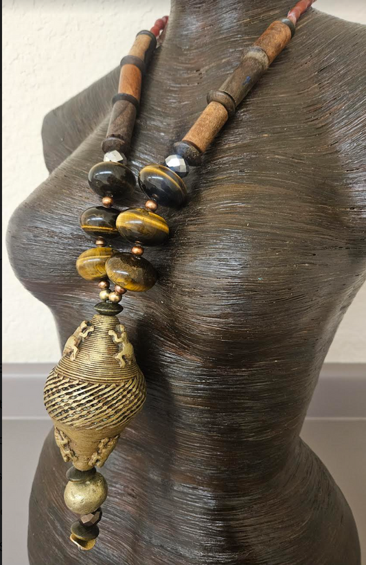 Earth Tone Unisex Tiger's Eye Wood & African Brass Tribal Statement