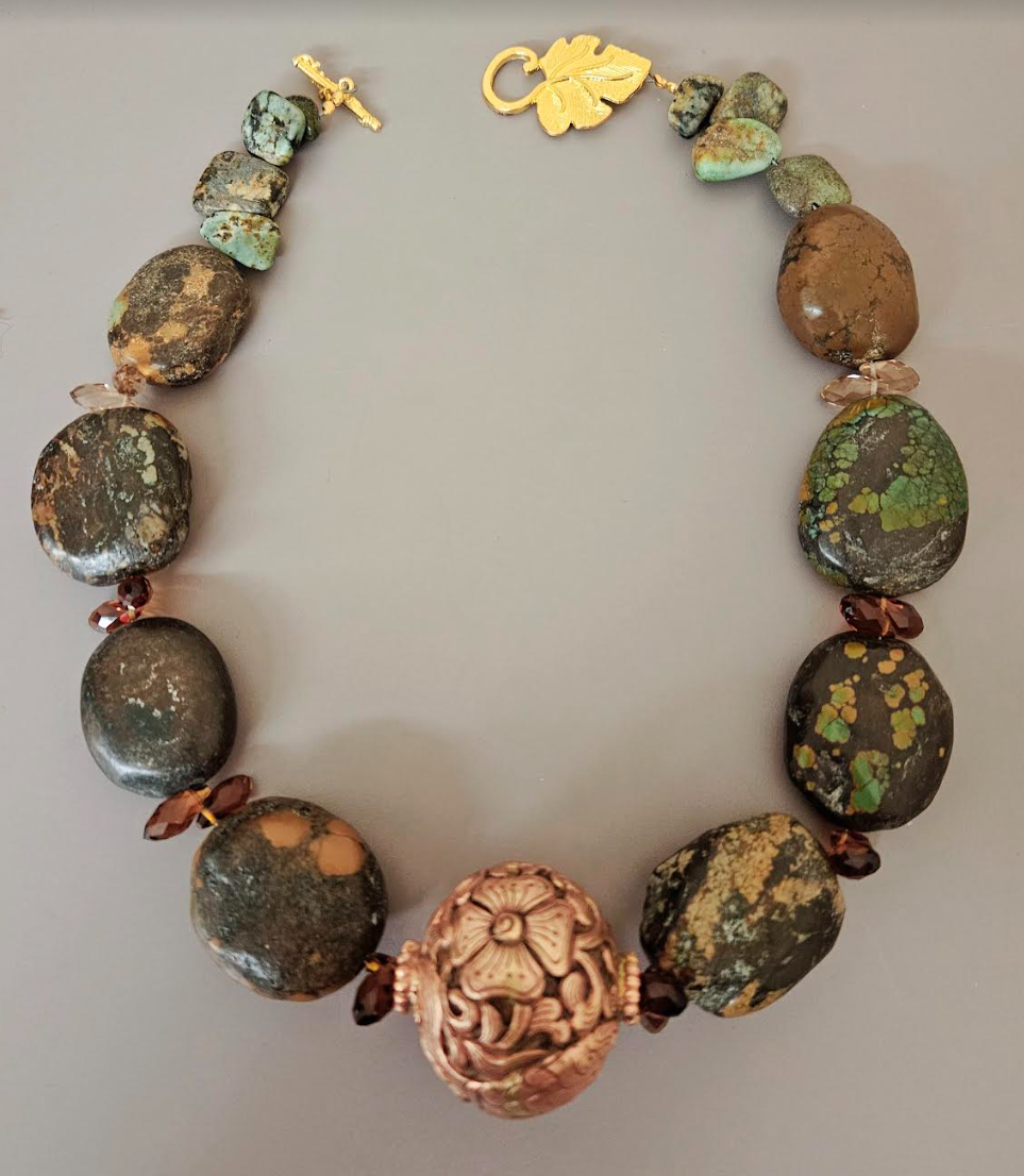 Hubei Turquoise Boulder Luxury Necklace With Tibetan Copper Repousse F