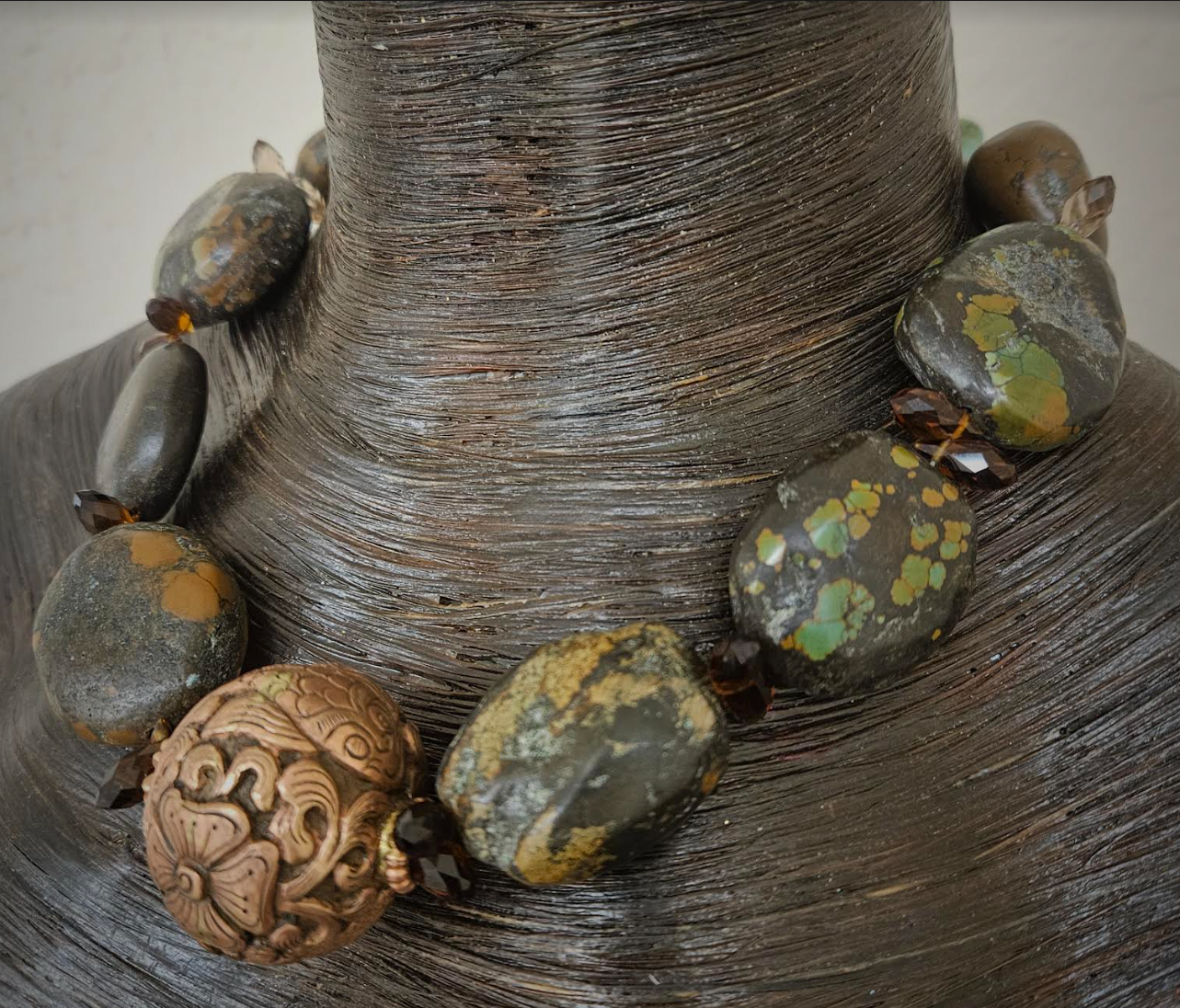 Hubei Turquoise Boulder Luxury Necklace With Tibetan Copper Repousse F