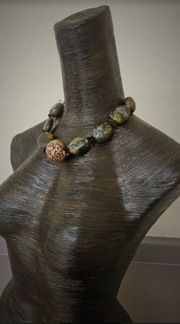 Hubei Turquoise Boulder Luxury Necklace With Tibetan Copper Repousse F