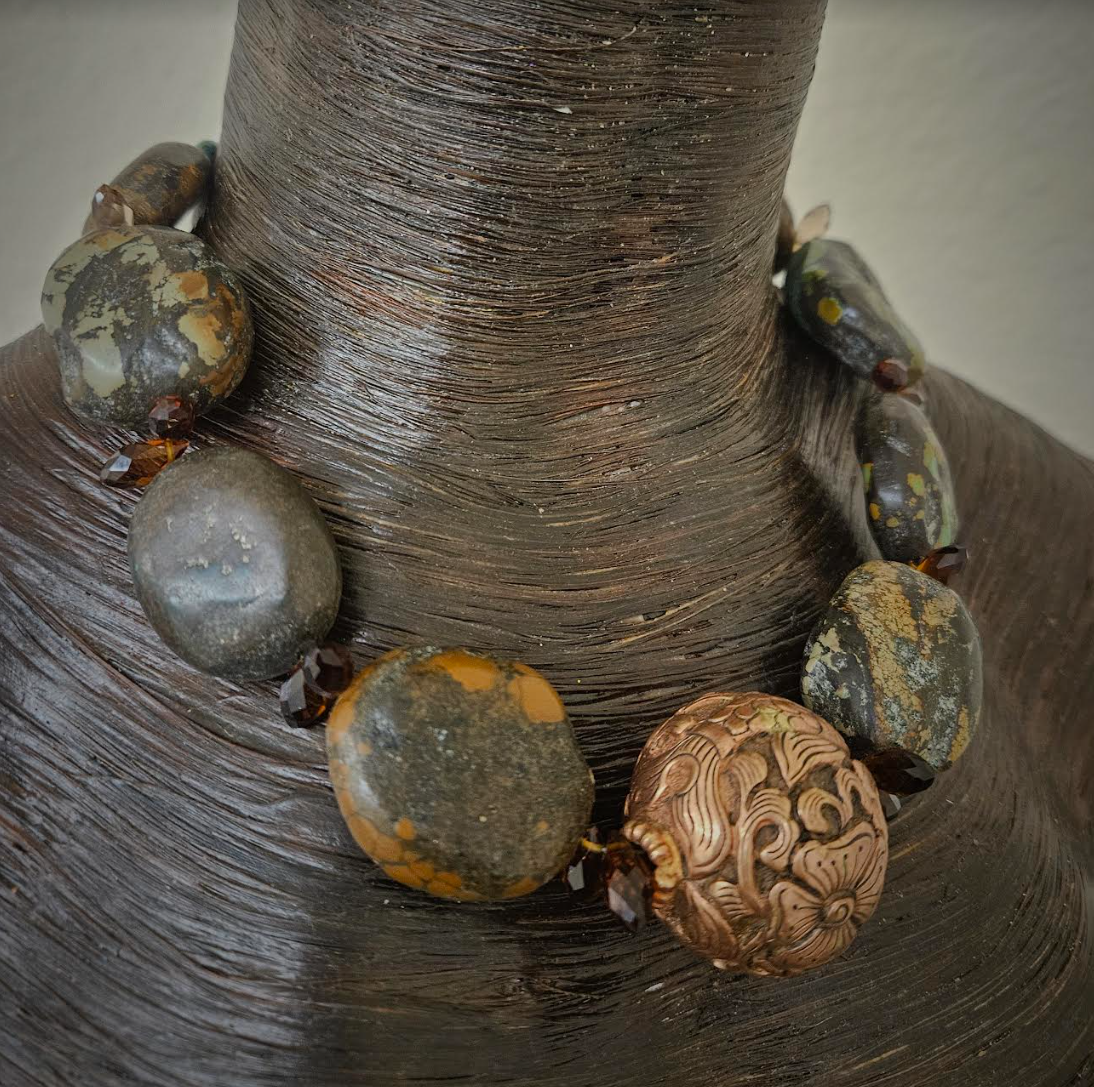 Hubei Turquoise Boulder Luxury Necklace With Tibetan Copper Repousse F