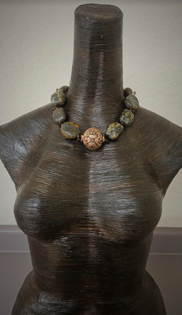 Hubei Turquoise Boulder Luxury Necklace With Tibetan Copper Repousse F