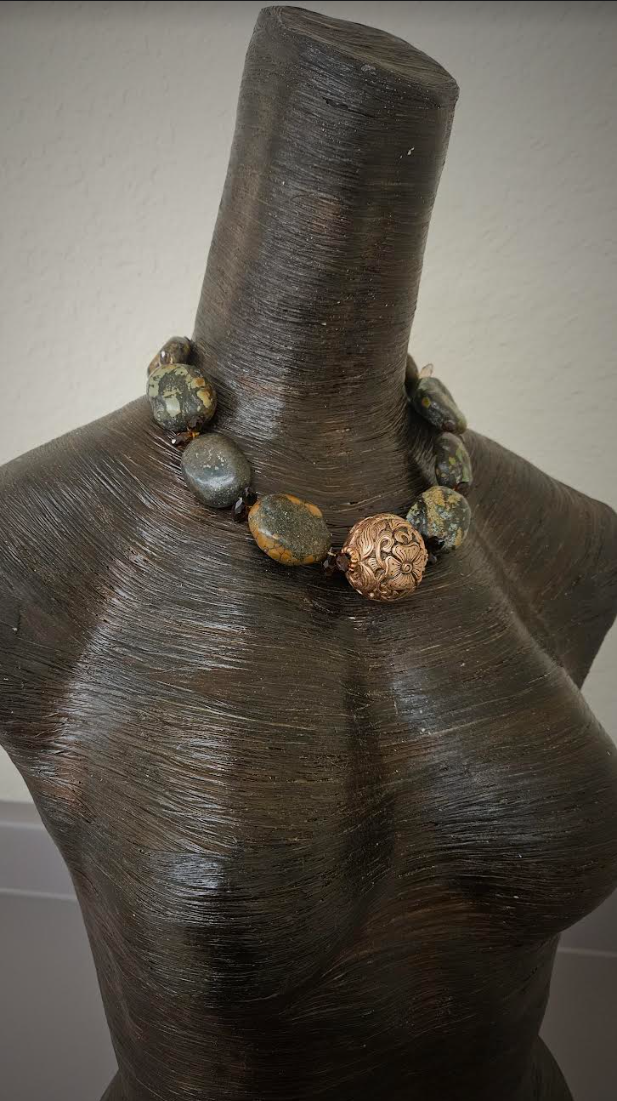 Hubei Turquoise Boulder Luxury Necklace With Tibetan Copper Repousse F