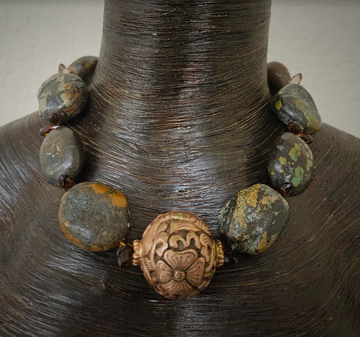 Hubei Turquoise Boulder Luxury Necklace With Tibetan Copper Repousse F