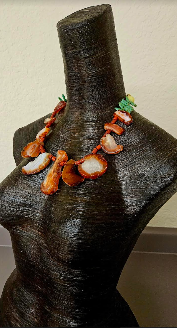 Orange Agate & Coral Unisex Luxury Necklace Mens Gemstone Slab Neck