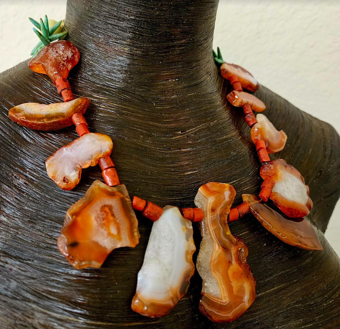 Orange Agate & Coral Unisex Luxury Necklace Mens Gemstone Slab Neck