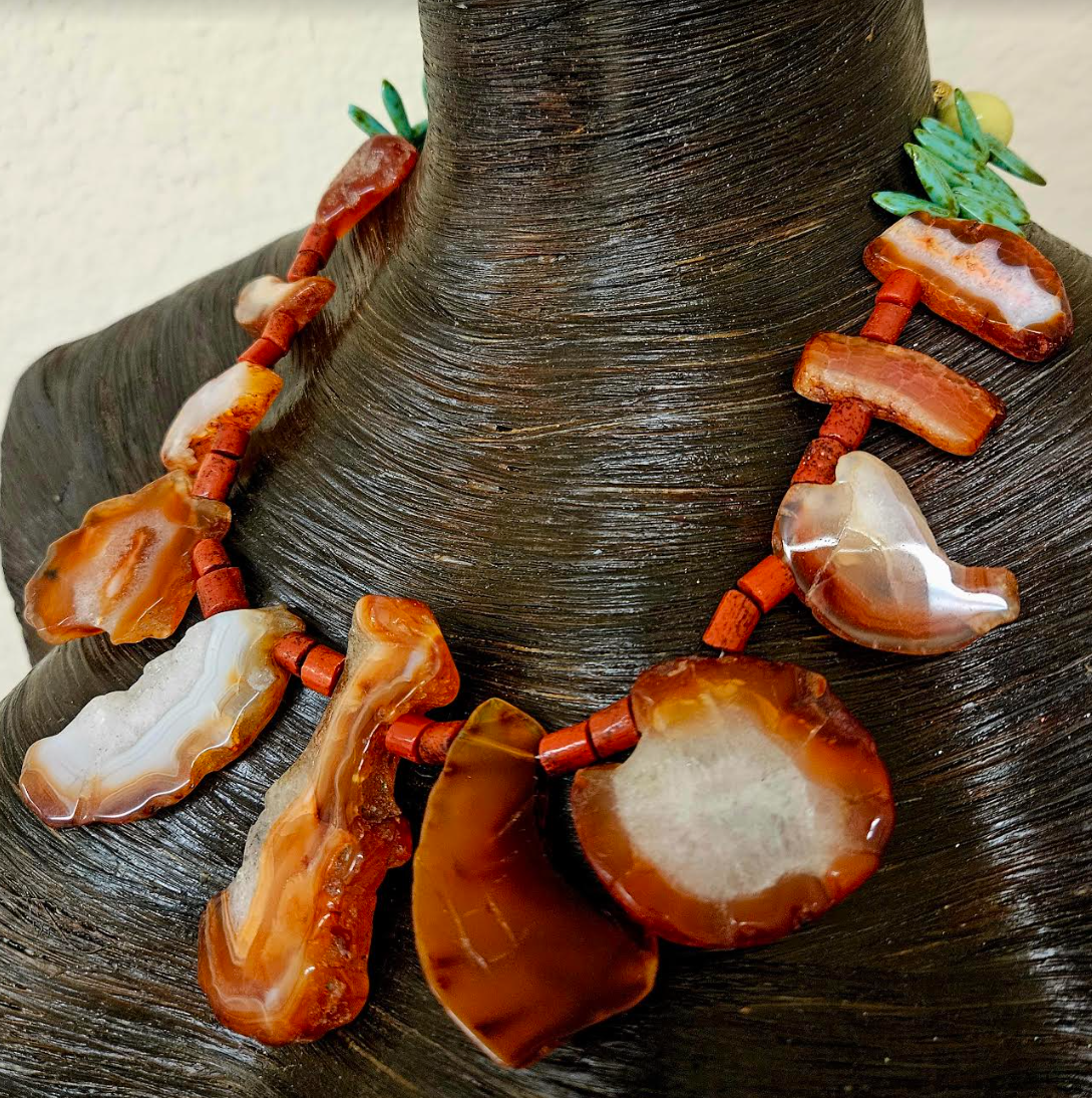 Orange Agate & Coral Unisex Luxury Necklace Mens Gemstone Slab Neck