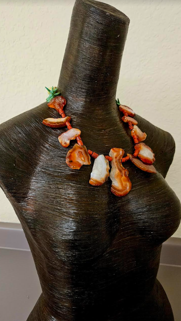Orange Agate & Coral Unisex Luxury Necklace Mens Gemstone Slab Neck