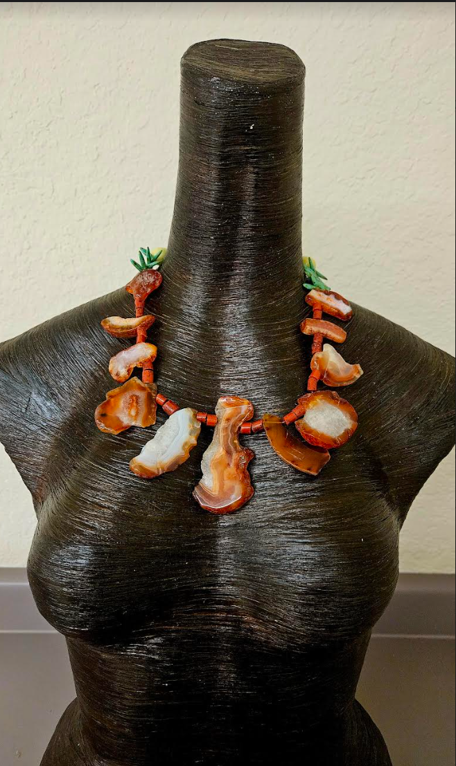 Orange Agate & Coral Unisex Luxury Necklace Mens Gemstone Slab Neck