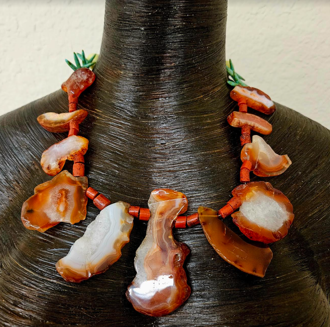 Orange Agate & Coral Unisex Luxury Necklace Mens Gemstone Slab Neck