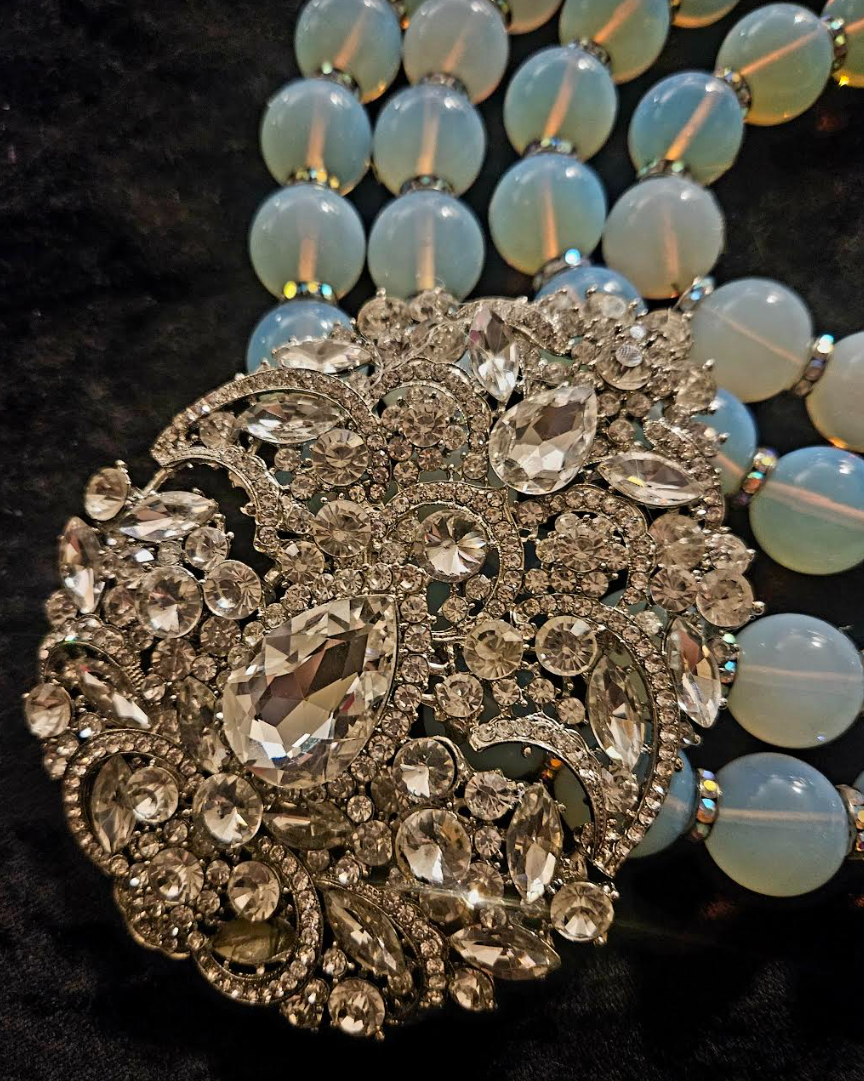 Opalescent Multi Strand Luxury Necklace & Rhinestone Gemstone Pendant