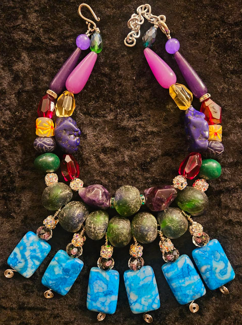 Colorful Mixed Media Beaded Statement Luxury Necklace Beaded Blue Da