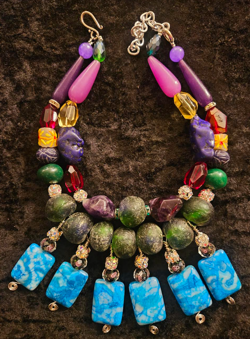 Colorful Mixed Media Beaded Statement Luxury Necklace Beaded Blue Da