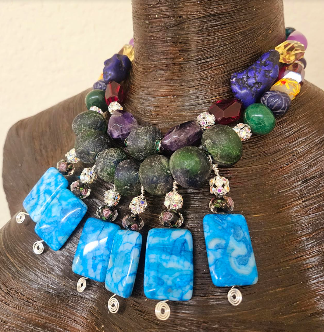 Colorful Mixed Media Beaded Statement Luxury Necklace Beaded Blue Da