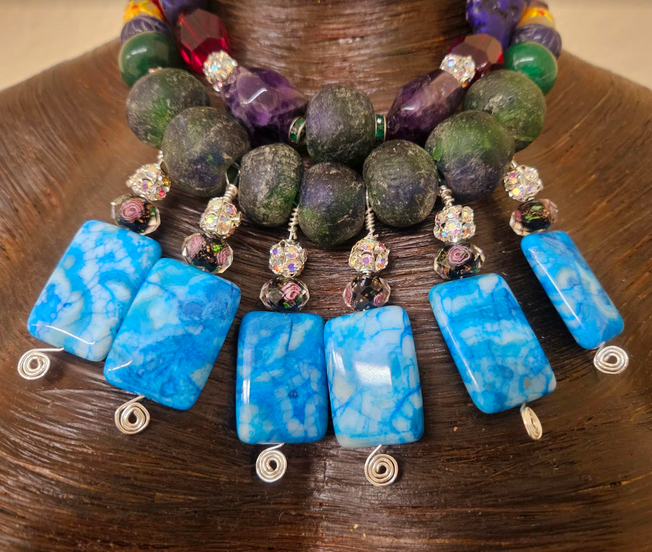 Colorful Mixed Media Beaded Statement Luxury Necklace Beaded Blue Da
