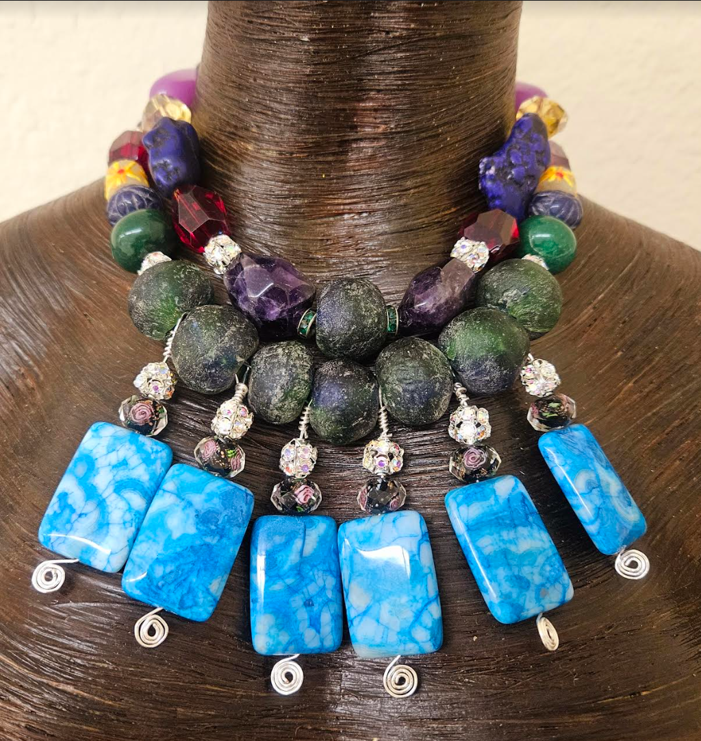 Colorful Mixed Media Beaded Statement Luxury Necklace Beaded Blue Da