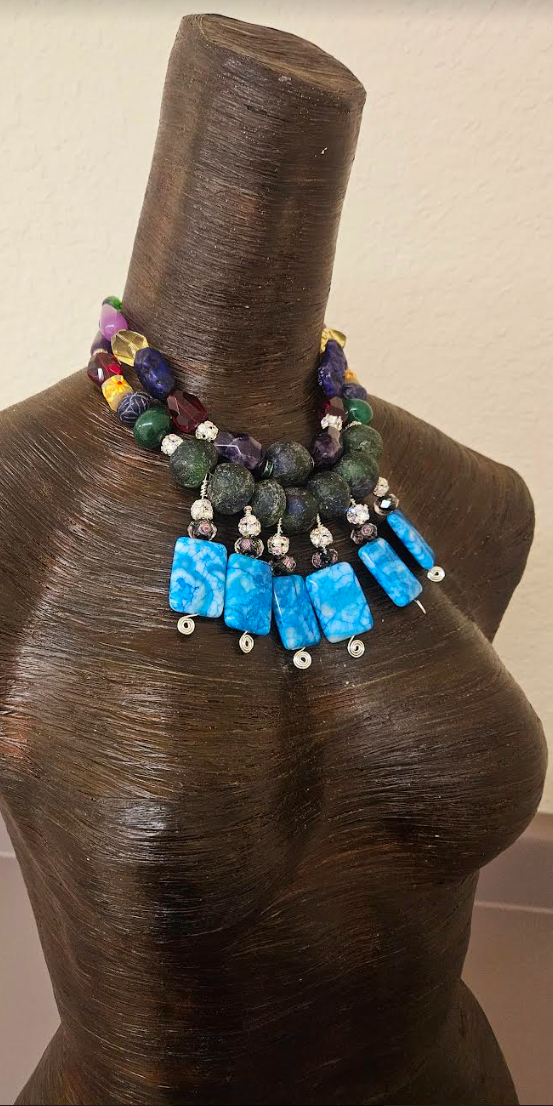 Colorful Mixed Media Beaded Statement Luxury Necklace Beaded Blue Da