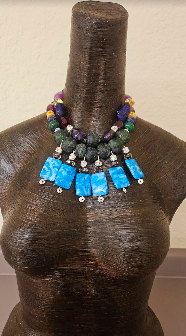 Colorful Mixed Media Beaded Statement Luxury Necklace Beaded Blue Da
