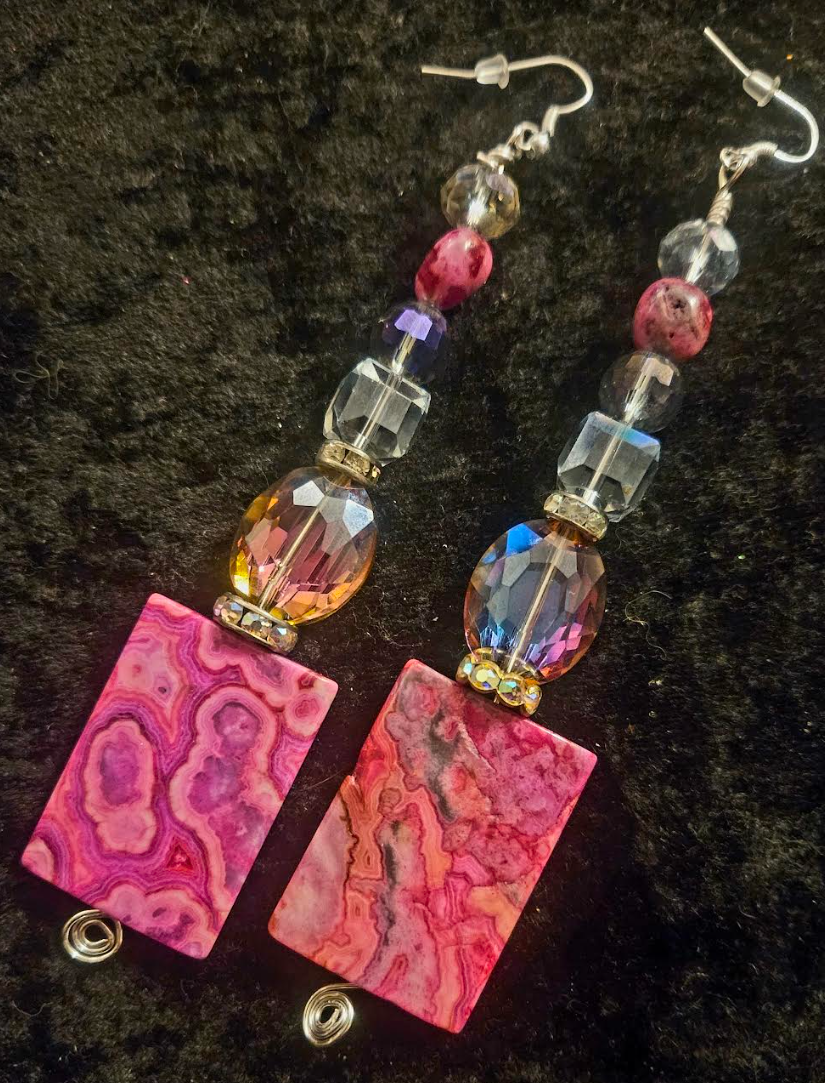 Hot Pink Crazy Lace Agate & Faceted Crystal Shoulder Duster Pierced